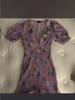 Lilac Floral Puff-Sleeve Smocked Midi Dress